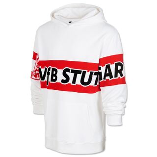 weißer Hoodie mit weiß-rotem Brustring auf Brust und Ärmeln und der Aufschrift VfB Stuttgart