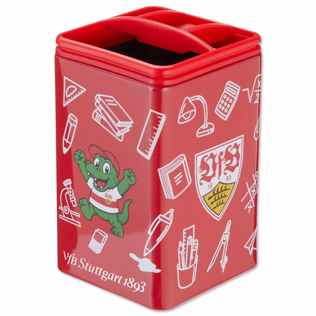 Roter Stifteköcher mit Schulmotiven, VfB Wappen, Fritzle und Schriftzug VfB Stuttgart 1893