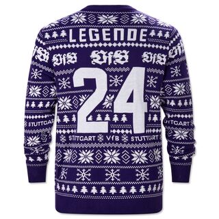 blaue Rückseite des Sweaters mit weißem Weihnachtsmuster, der Aufschrift Legende und Rückennummer 24