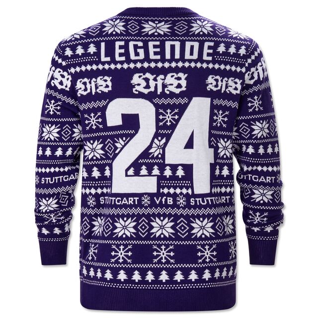 blaue Rückseite des Sweaters mit weißem Weihnachtsmuster, der Aufschrift Legende und Rückennummer 24