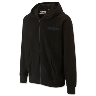 schwarze Sweatjacke mit Reißverschluss und Seitentaschen und Stuttgart Schriftzug auf der Brust