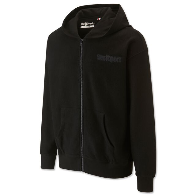schwarze Sweatjacke mit Reißverschluss und Seitentaschen und Stuttgart Schriftzug auf der Brust