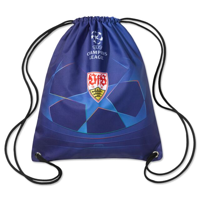 blauer Gymsack mit Champions League Logo und VfB Wappen