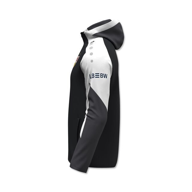 Seitenansicht der schwarz-weißen Kapuzenjacke 25/26 mit LBBW auf dem Ärmel