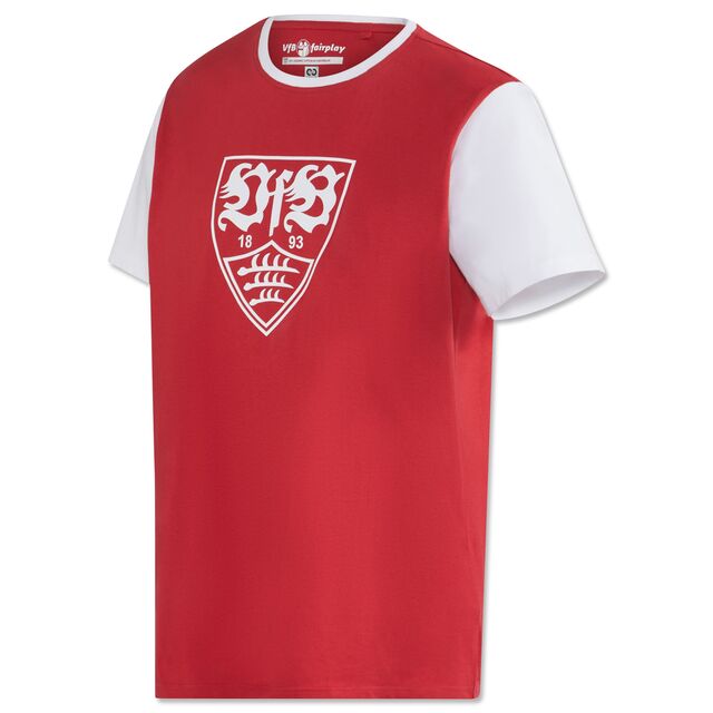 rotes T-Shirt mit weißen Ärmeln und weißem VfB Wappen auf der Brust