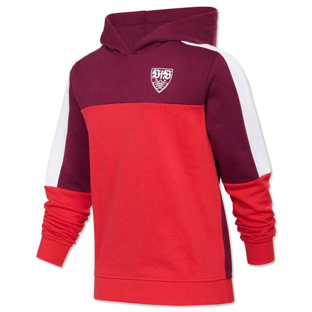 Hoodie in verschiedenen Rottönen mit weißem VfB Wappen auf der Brust