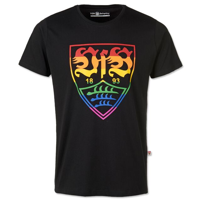 schwarzes T-Shirt mit großem VfB Wappen in Regenbogenfarben