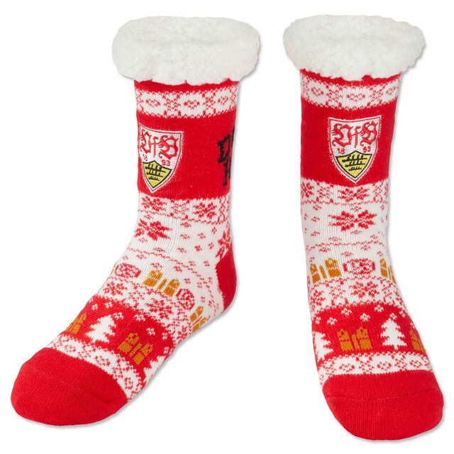 Weiß-rote Hüttensocken mit VfB Wappen und Weihnachtsmotiven 