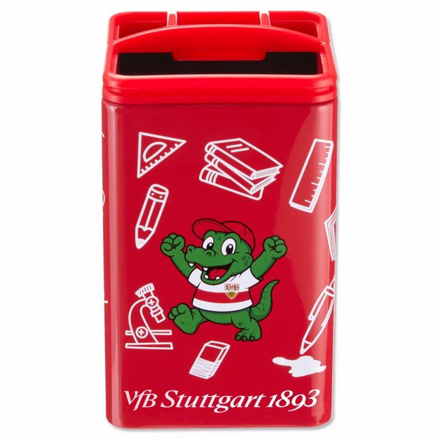 Roter Stifteköcher mit Schulmotiven, VfB Wappen, Fritzle und Schriftzug VfB Stuttgart 1893