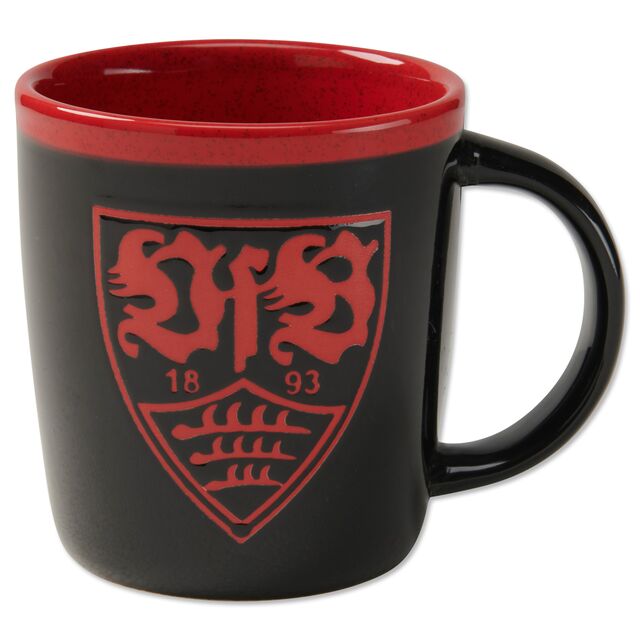 schwarze Tasse mit rotem oberen Rand und VfB Wappen