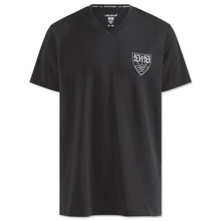 schwarzes T-Shirt mit grauem VfB Wappen auf der Brust