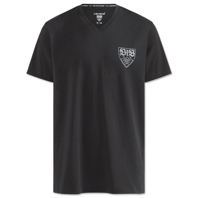 schwarzes T-Shirt mit grauem VfB Wappen auf der Brust