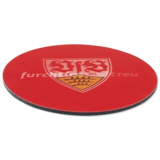 roter Untersetzer mit VfB Wappen und der Aufschrift furchtlos und treu, die sich überlappen