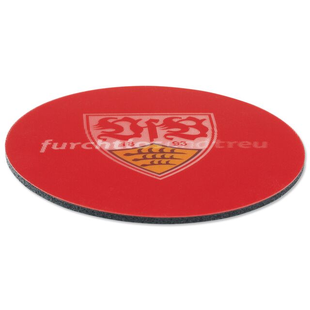 roter Untersetzer mit VfB Wappen und der Aufschrift furchtlos und treu, die sich überlappen