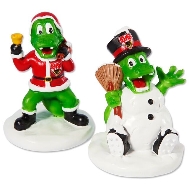 Figuren Fritzle als Weihnachstmann und Schneemann verkleidet