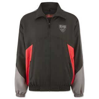 Jacke im 2000er Stil in Schwarz, Grau und rot mit VfB Wappen auf der Brust