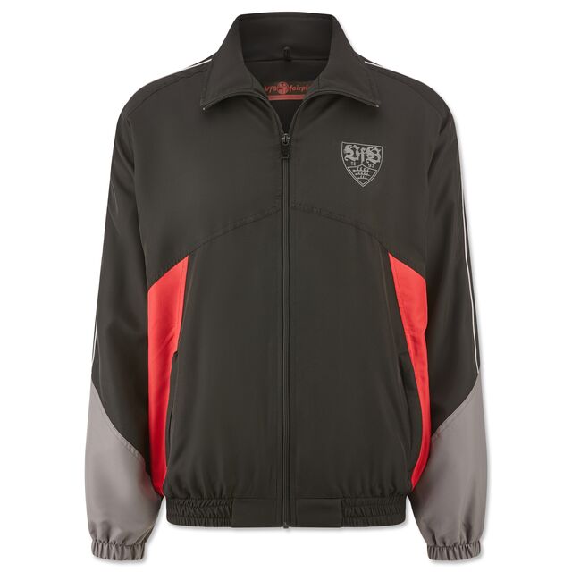 Jacke im 2000er Stil in Schwarz, Grau und rot mit VfB Wappen auf der Brust