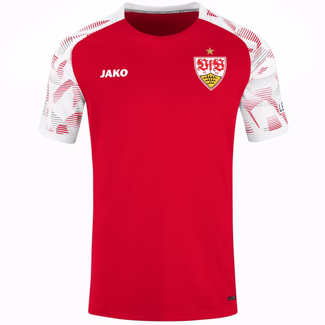 rotes Trainingsshirt mit weißen Ärmeln, VfB Wappen und JAKO Logo auf der Brust