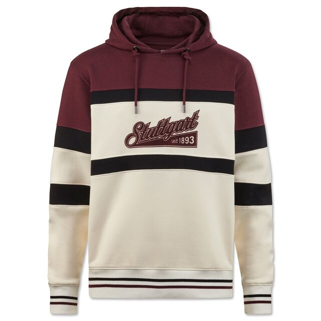 Hoodie in Beige und Bordeauxrot mit der Aufschrift Stuttgart seit 1893 auf der Vorderseite