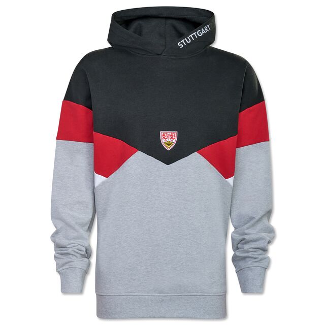Hoodie in Schwarz, Grau und Rot mit VfB Wappen in der Mitte und kleiner Aufschrift Stuttgart an der Kapuze