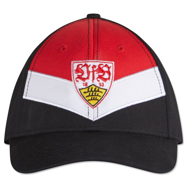 Kappe in Schwarz, Weiß und Rot mit VfB Wappen auf der Vorderseite