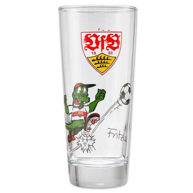 Glas mit VfB Wappen und Fritzle beim Fußballspielen