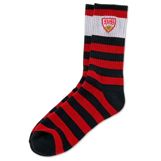 rot-schwarz gestreifte Socken mit VfB Wappen auf weißem Streifen