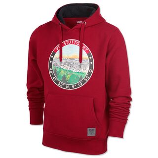 roter Hoodie mit Kängurutaschen und mit runder Grafik von Stuttgart, umrahmt von den Koordinaten des Stadions