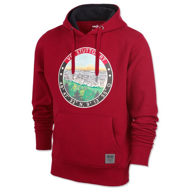 roter Hoodie mit Kängurutaschen und mit runder Grafik von Stuttgart, umrahmt von den Koordinaten des Stadions