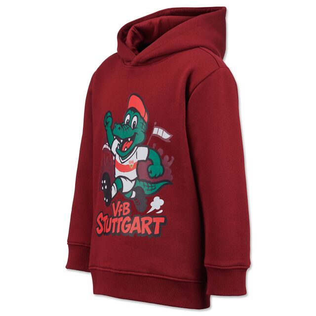 roter Hoodie mit Grafik von Fritzle und der Aufschrift VfB Stuttgart