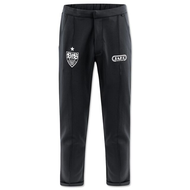 schwarze Hose mit weißem VfB Wappen auf einem Bein und JAKO Logo auf dem anderen Bein