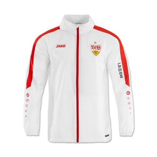 Jacke in weiß mit rotem Zipper, und rotem Streifen am Ärmel. VfB Wappen auf der Brust und JAKO Logo 