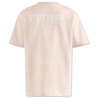beigefarbene Rückseite des T-Shirts mit Grafik des Stadtbilds von Stuttgart mit der Aufschrift Stuttgart