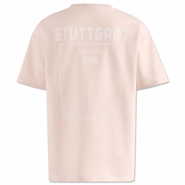 beigefarbene Rückseite des T-Shirts mit Grafik des Stadtbilds von Stuttgart mit der Aufschrift Stuttgart