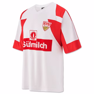 Weißes Trikot mit roten Ärmeln, Südmilch Logo und Schriftzug in der Mitte und VfB Wappen auf der Brust 