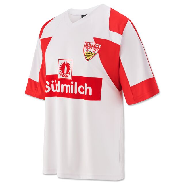 Weißes Trikot mit roten Ärmeln, Südmilch Logo und Schriftzug in der Mitte und VfB Wappen auf der Brust 