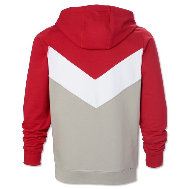 Rückseite der VfB Sweatjacke Spielmacher in Rot, Weiß und Beige mit Kapuze
