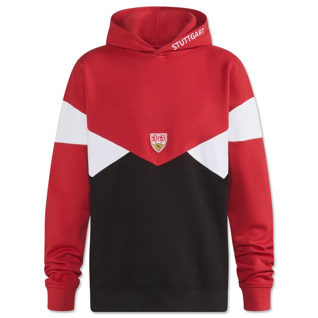 Hoodie in Rot, Weiß und Schwarz mit kleinem VfB Wappen in der Mitte und der Aufschrift Stuttgart an der Kapuze