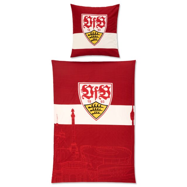 rote Bettwäsche mit weißem Brustring, VfB Wappen, und der Skyline von Stuttgart