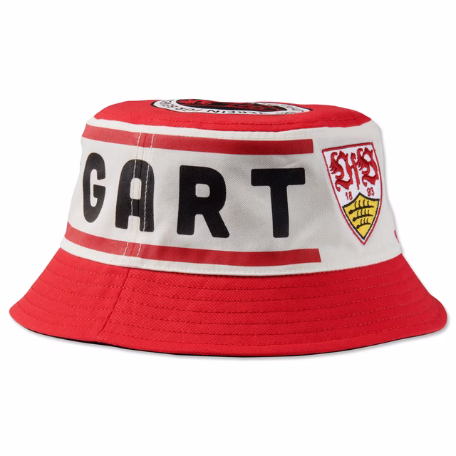 weiß-roter Wendefischerhut mit VfB Wappen und der Aufschrift VfB Stuttgart