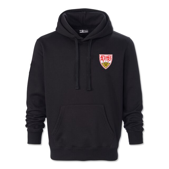 schwarzer Hoodie mit Kängurutaschen mit kleinem VfB Wappen auf der Brust