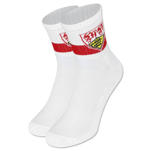 weiße Socken mit rotem Brustring und VfB Wappen