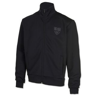 schwarze Jacke mit Reissverschluss und Seitentaschen mit schwarzem VfB Wappen auf der Brust
