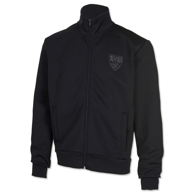schwarze Jacke mit Reissverschluss und Seitentaschen mit schwarzem VfB Wappen auf der Brust