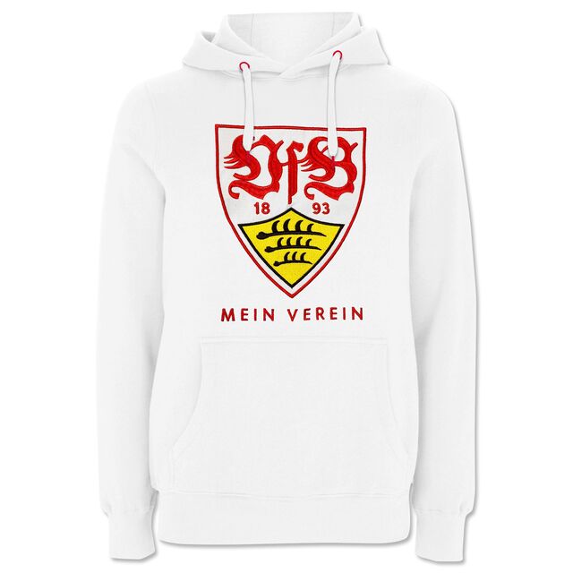 weißer Hoodie mit Damenschnitt mit Kängurutaschen, VfB Wappen und der Aufschrift Mein Verein auf der Vorderseite
