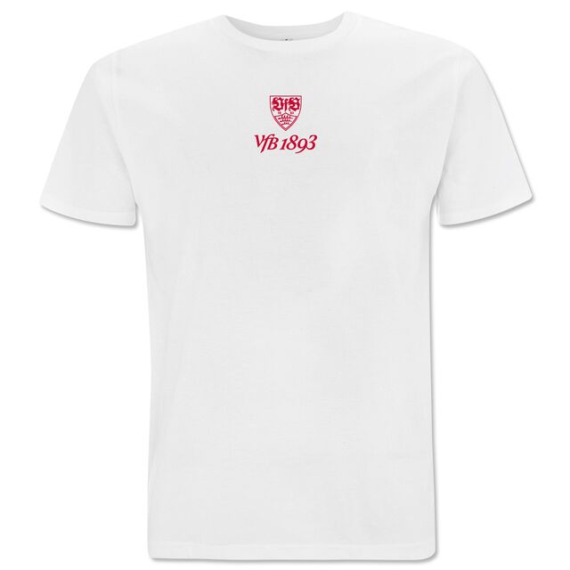 weißes T-Shirt mit kleinem roten VfB Wappen und Aufschrift VfB 1893