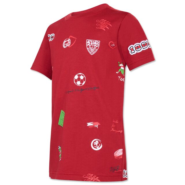 rotes T-Shirt mit VfB- und Fußballelementen