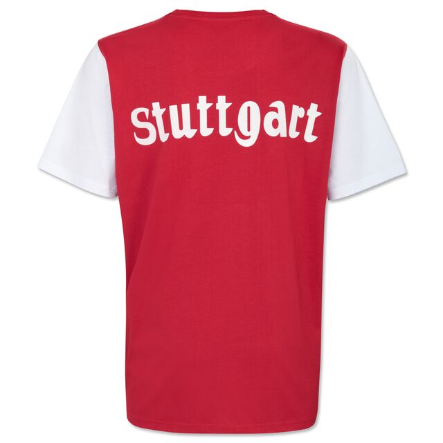 rote Rückseite des T-Shirts mit weißen Ärmeln und weißem Stuttgart Schriftzug