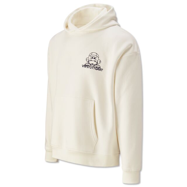 Weißer Hoodie mit schwarzem Fritzle Print und Schriftzug VfB Stuttgart auf der Brust 