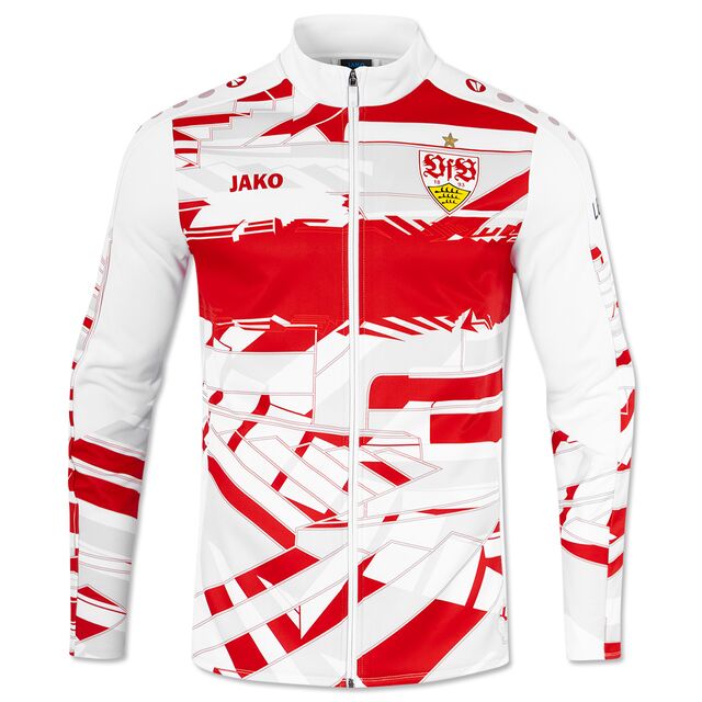 Weiße Trainingsjacke mit auffälligem roten Muster. Auf der Brust links das VfB Stuttgart Wappen, rechts das rote Jako Logo.